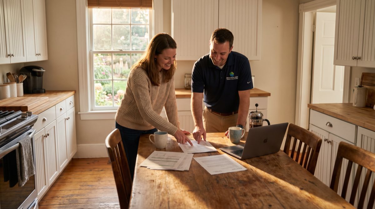 Homeowner and contractor reviewing Efficiency Maine Green Bank loan paperwork at kitchen table