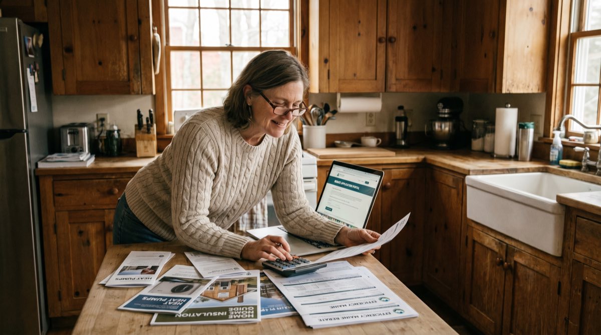 Homeowner researching heat pump rebate options and financing on laptop