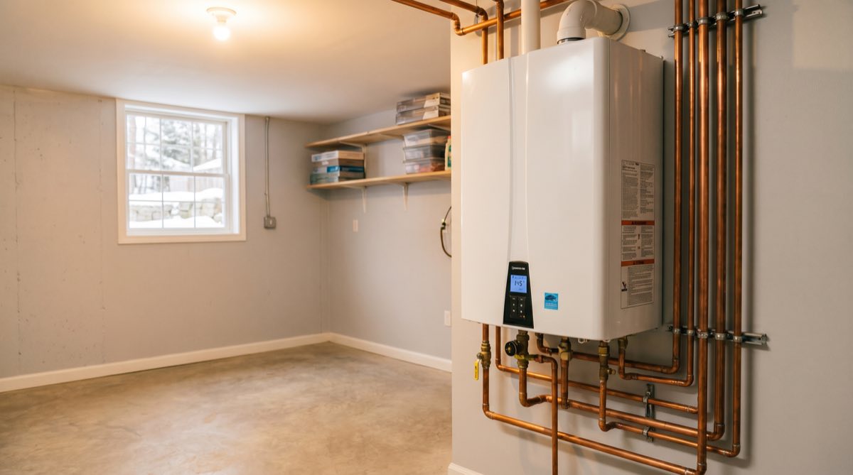 Modern high-efficiency condensing boiler installed in a Maine home basement