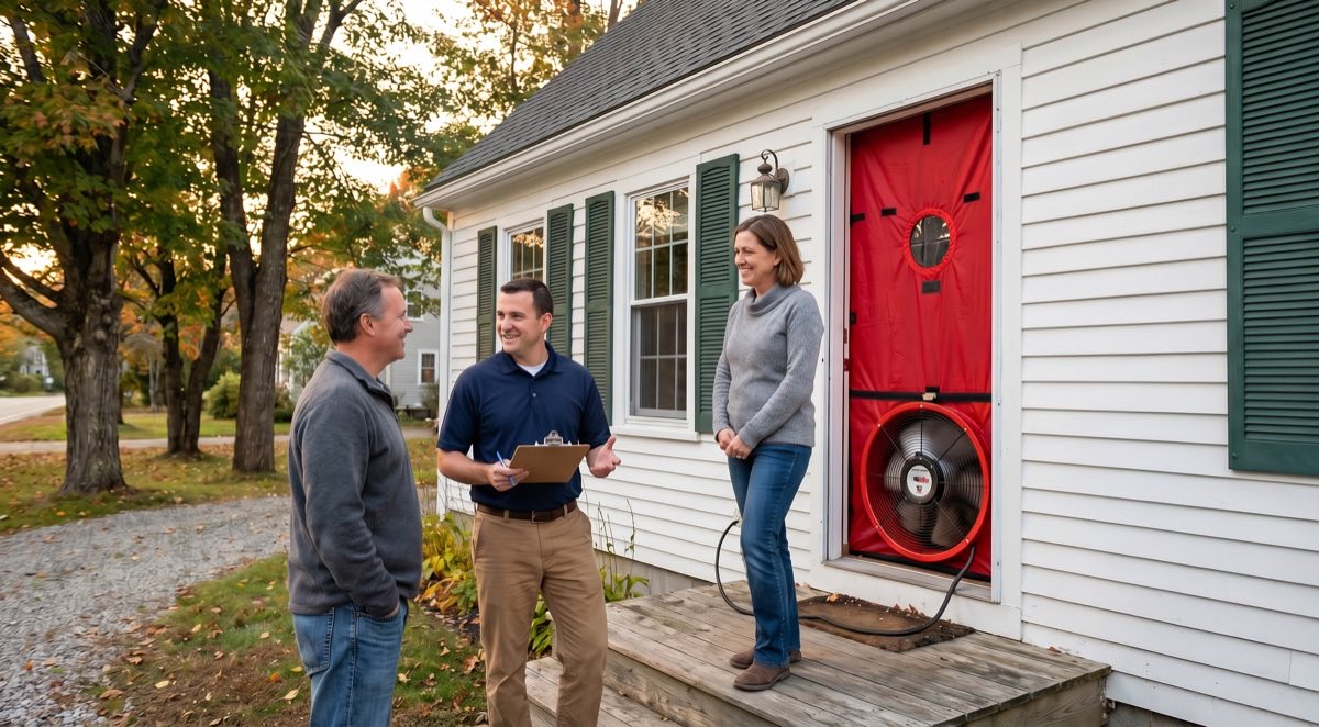 Energy auditor discussing blower door test results with homeowners outside a Maine Cape