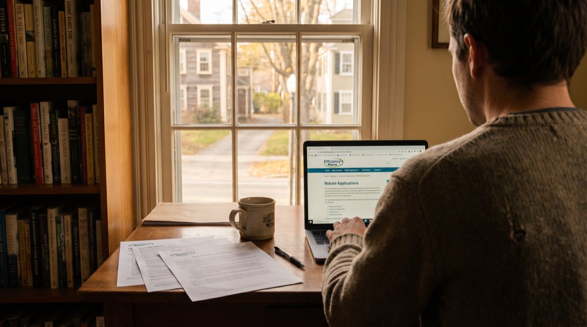 Homeowner reviewing Efficiency Maine rebate application at home desk