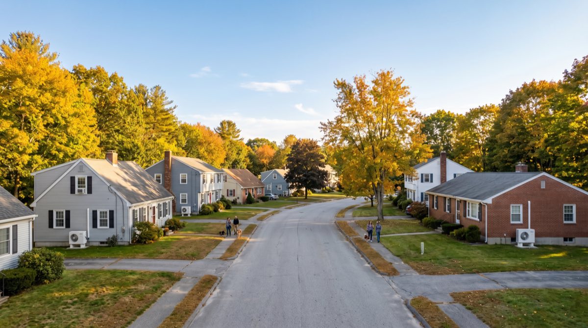 Aerial view of a Maine neighborhood with homes featuring heat pump installations
