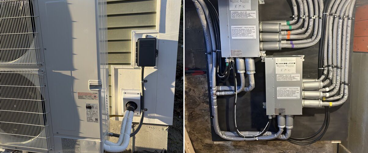 Mitsubishi branch box heat pump distribution unit installed in a Maine home mechanical room