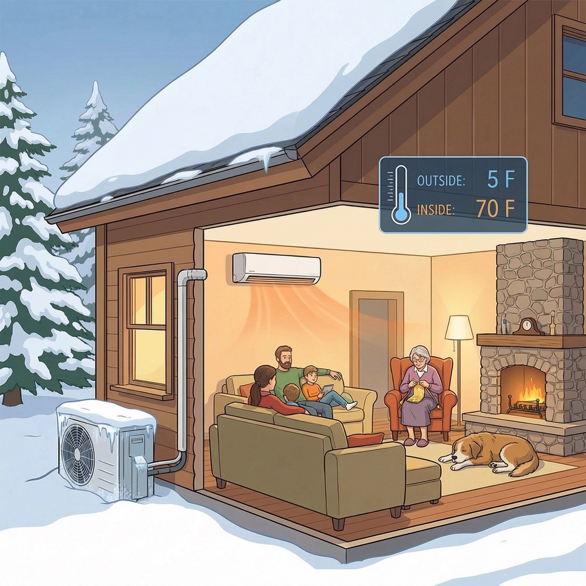 Cold climate heat pump in Maine winter illustration