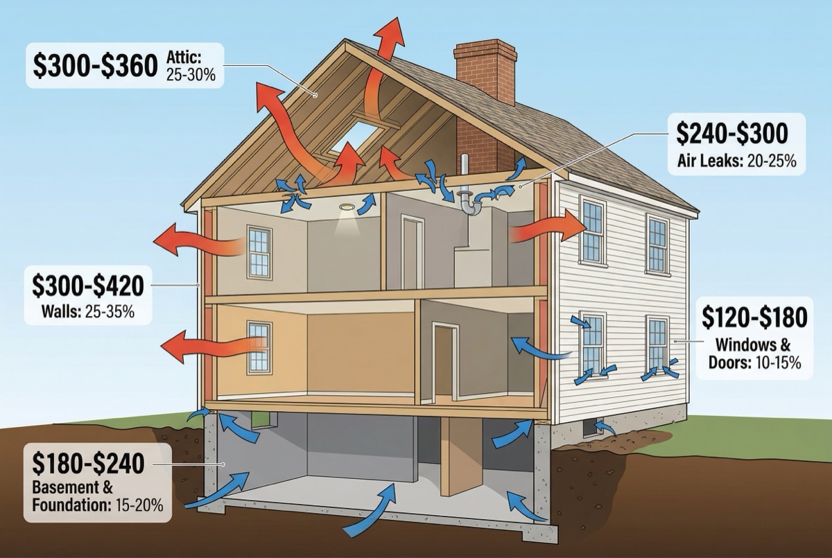 Diagram showing heat loss areas of a typical Maine home with percentage breakdowns