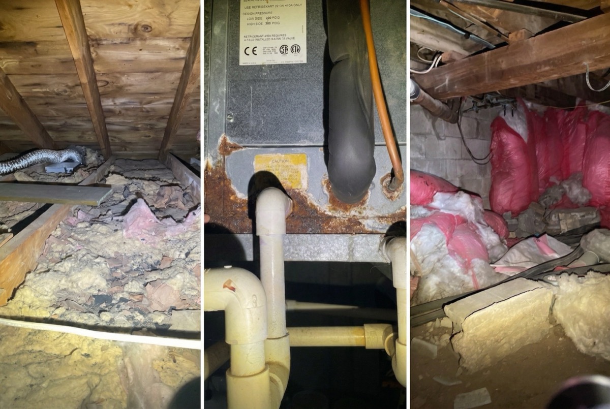 Common problems found during a Maine home energy assessment: deteriorated insulation, rusted equipment, and air leaks